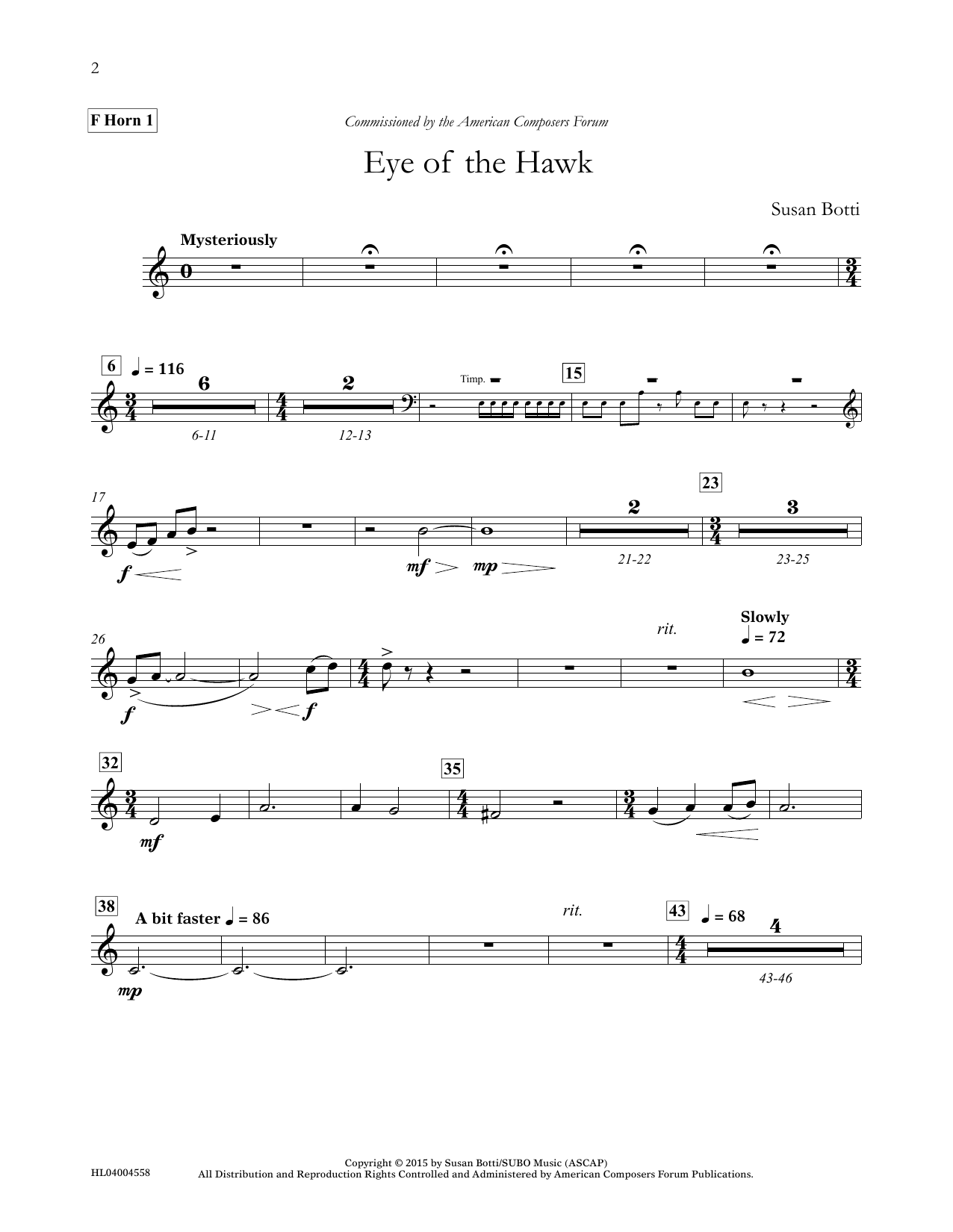 Learn to play Susan Botti Eye of the Hawk - F Horn 1 sheet music for Concert Band in minutes. Price: 5.9900$ Susan Botti Eye of the Hawk - F Horn 1 sheet music notes and chords arranged for Concert Band