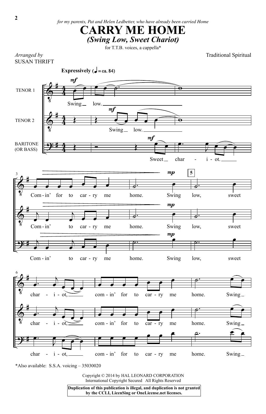 Learn to play Susan Thrift Carry Me Home (Swing Low, Sweet Chariot) sheet music for TTB Choir in minutes. Price: 3.9900$ Susan Thrift Carry Me Home (Swing Low, Sweet Chariot) sheet music notes and chords arranged for TTB Choir