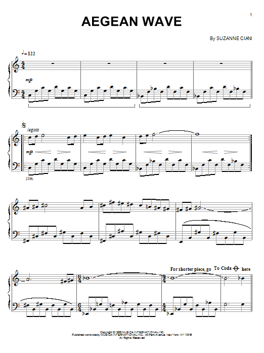 Suzanne Ciani Aegean Wave sheet music notes and chords. Download Printable PDF.