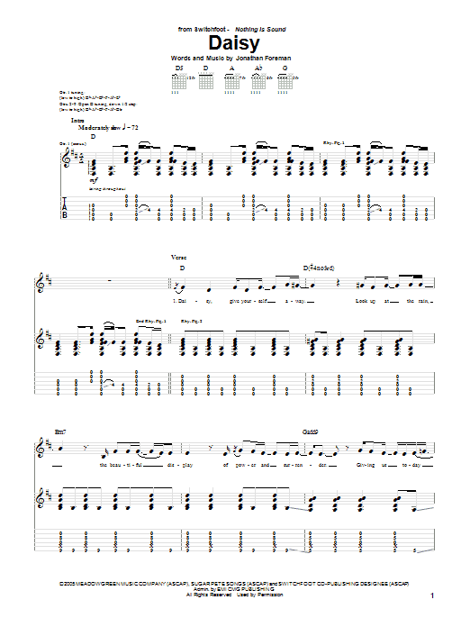 Switchfoot Daisy sheet music notes and chords. Download Printable PDF.