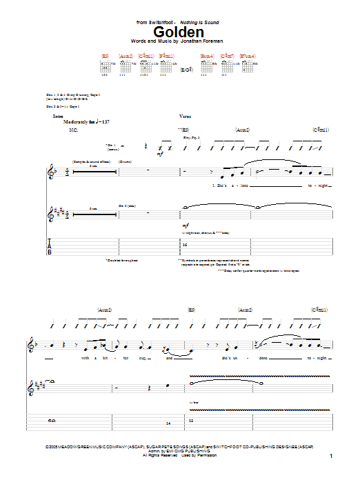 Switchfoot Golden sheet music notes and chords. Download Printable PDF.