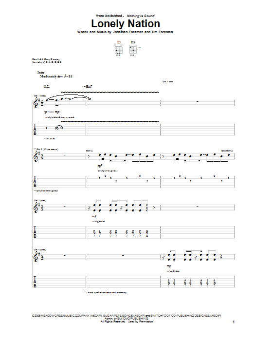 Switchfoot Lonely Nation sheet music notes and chords. Download Printable PDF.