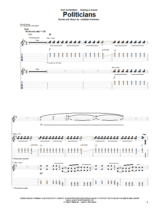 Switchfoot Politicians sheet music notes and chords. Download Printable PDF.