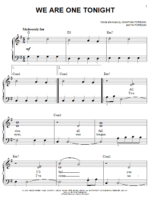 Switchfoot We Are One Tonight sheet music notes and chords. Download Printable PDF.