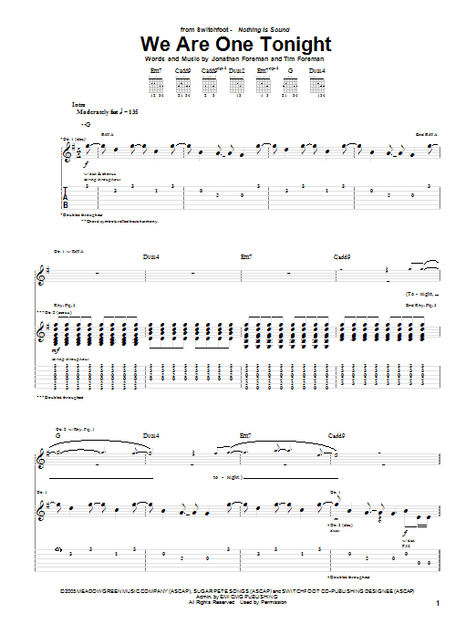 Switchfoot We Are One Tonight sheet music notes and chords. Download Printable PDF.