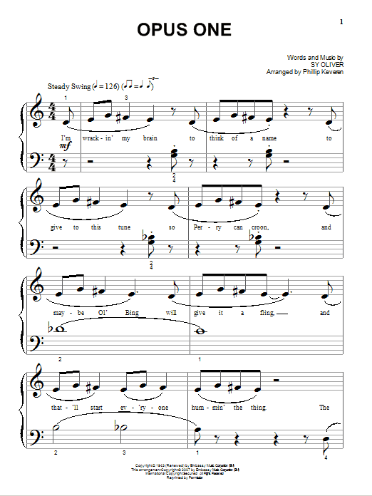 Learn to play Sy Oliver Opus One sheet music for Beginning Piano Solo in minutes. Price: 6.9900$ Sy Oliver Opus One sheet music notes and chords arranged for Beginning Piano Solo