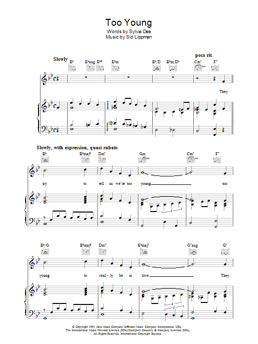 Sylvia Dee Too Young sheet music notes and chords. Download Printable PDF.