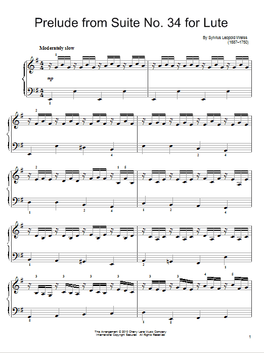 Learn to play Sylvius Leopold Weiss Prelude sheet music for Easy Piano in minutes. Price: 6.9900$ Sylvius Leopold Weiss Prelude sheet music notes and chords arranged for Easy Piano