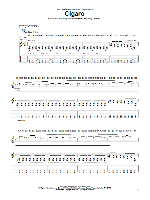 System Of A Down Cigaro sheet music notes and chords. Download Printable PDF.