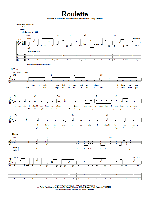System Of A Down Roulette sheet music notes and chords. Download Printable PDF.