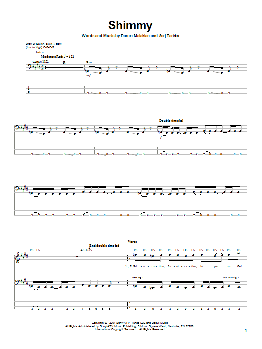 System Of A Down Shimmy sheet music notes and chords. Download Printable PDF.