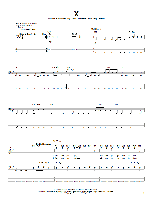 System Of A Down X sheet music notes and chords. Download Printable PDF.