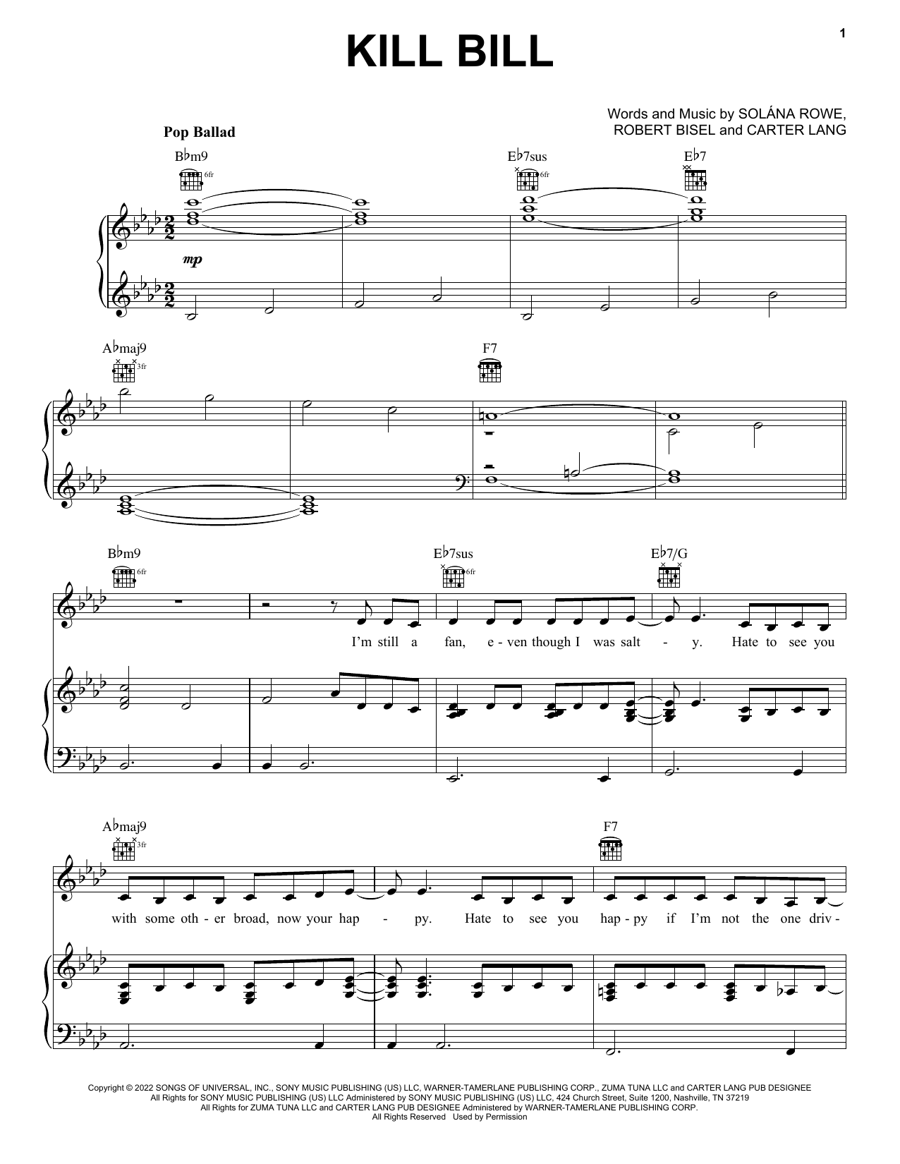 SZA Kill Bill sheet music notes and chords. Download Printable PDF.