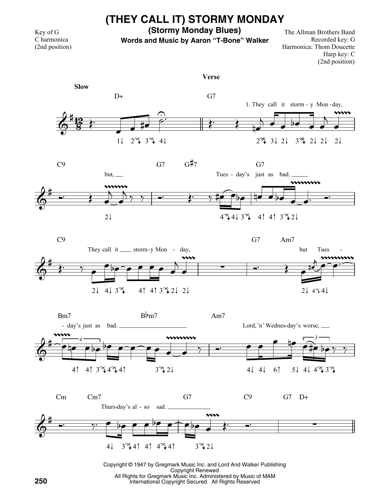 T-Bone Walker (They Call It) Stormy Monday (Stormy Monday Blues) sheet music notes and chords. Download Printable PDF.