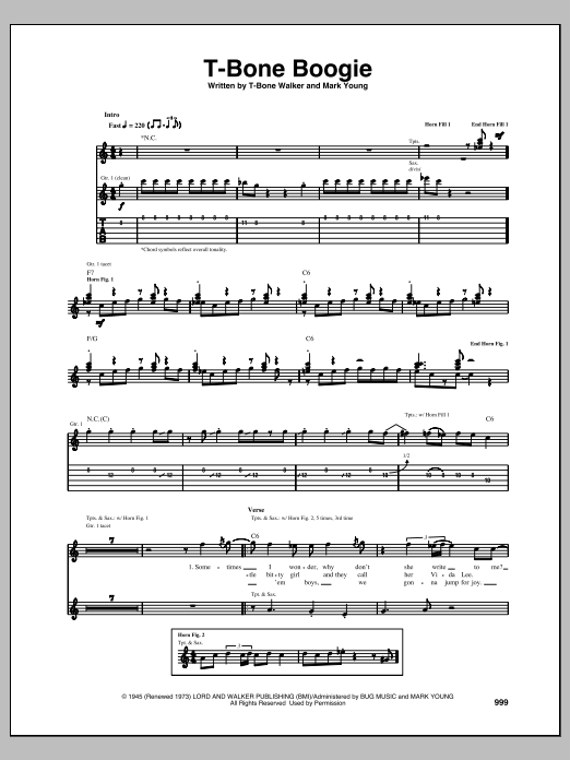 T-Bone Walker T-Bone Boogie sheet music notes and chords. Download Printable PDF.