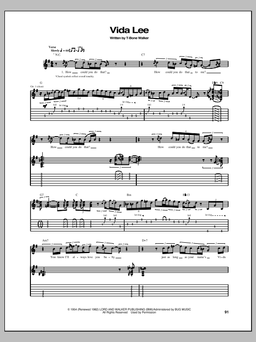 T-Bone Walker Vida Lee sheet music notes and chords. Download Printable PDF.