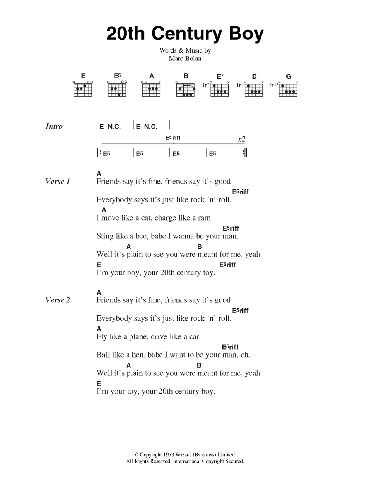 T. Rex 20th Century Boy sheet music notes and chords. Download Printable PDF.