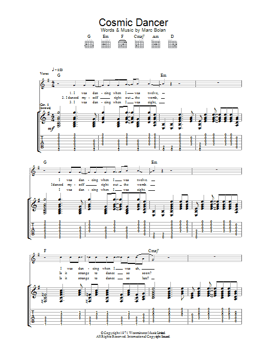 T. Rex Cosmic Dancer sheet music notes and chords. Download Printable PDF.