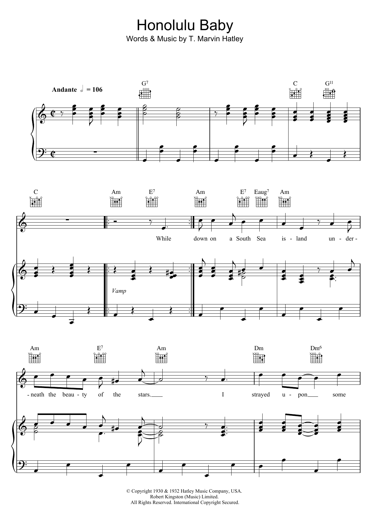 T. Marvin Hatley Honolulu Baby sheet music notes and chords. Download Printable PDF.