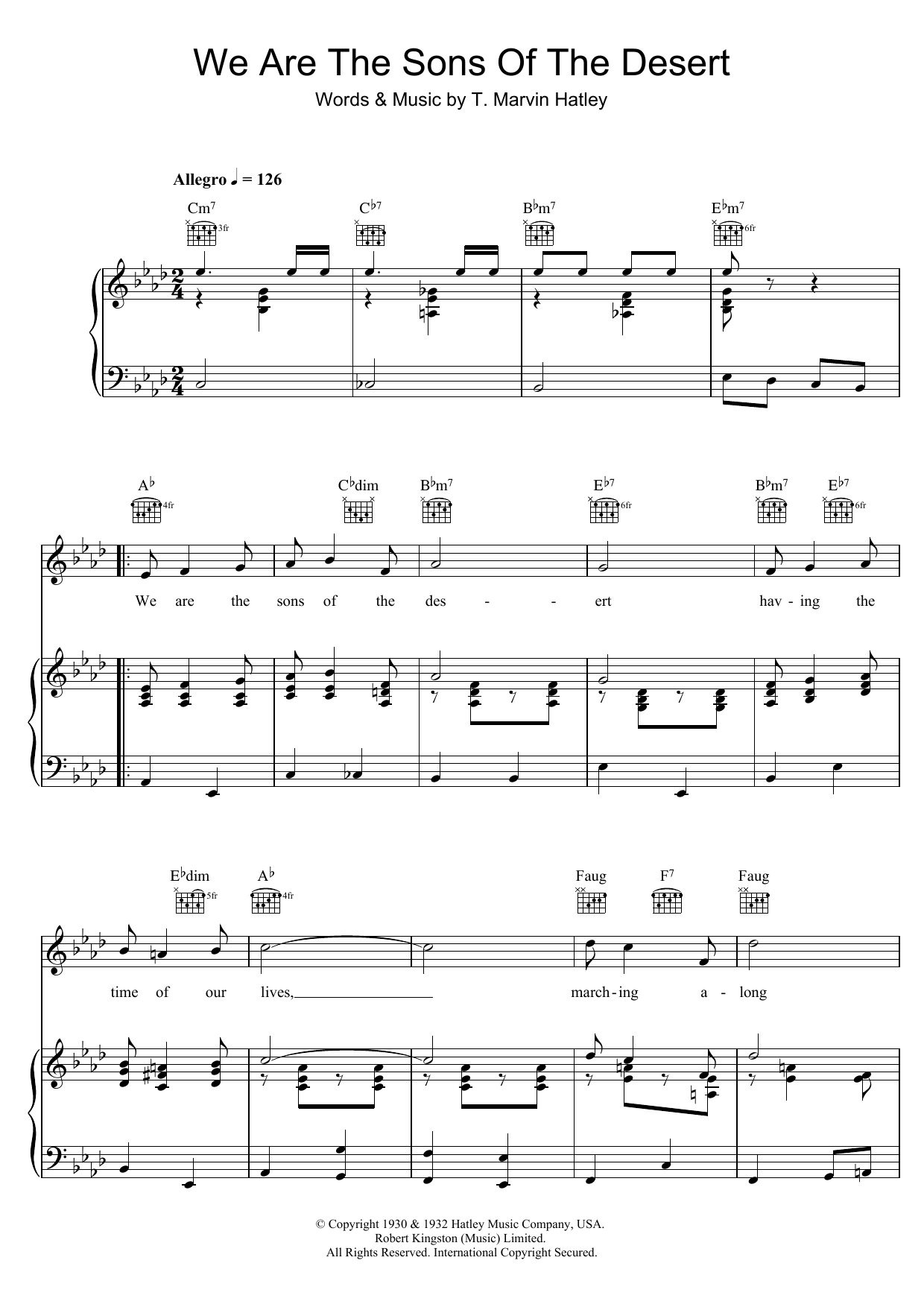 Learn to play T. Marvin Hatley We Are The Sons Of The Desert sheet music for Piano, Vocal & Guitar (Right-Hand Melody) in minutes. T. Marvin Hatley We Are The Sons Of The Desert sheet music notes and chords. Download Printable PDF.