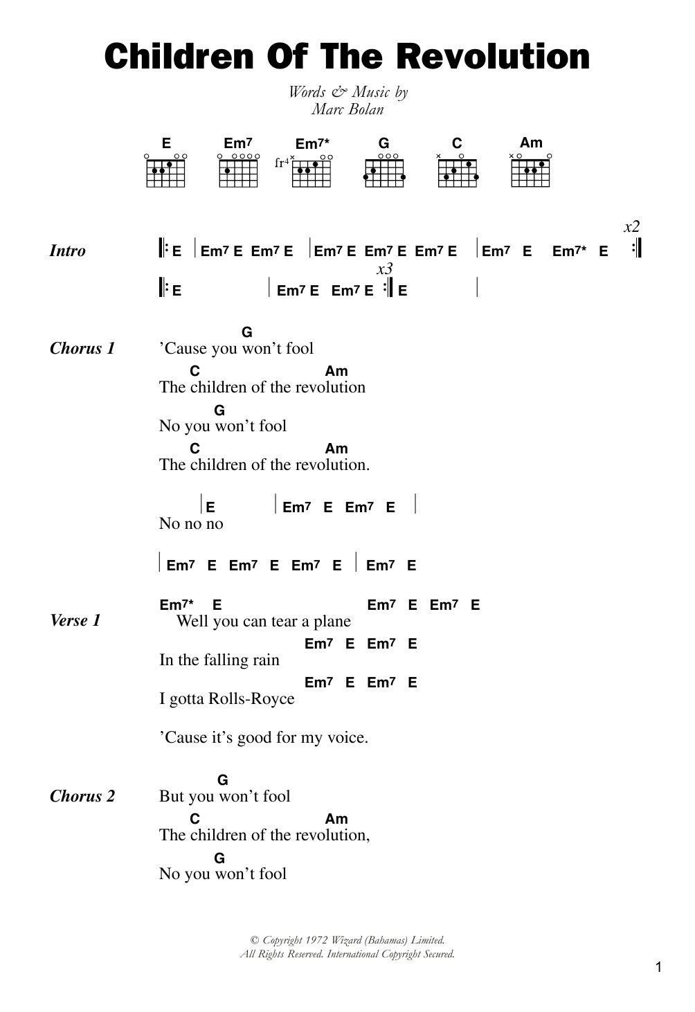 Learn to play T. Rex Children Of The Revolution sheet music for Guitar Chords/Lyrics in minutes. Price: 5.8900$ T. Rex Children Of The Revolution sheet music notes and chords. Download Printable PDF.