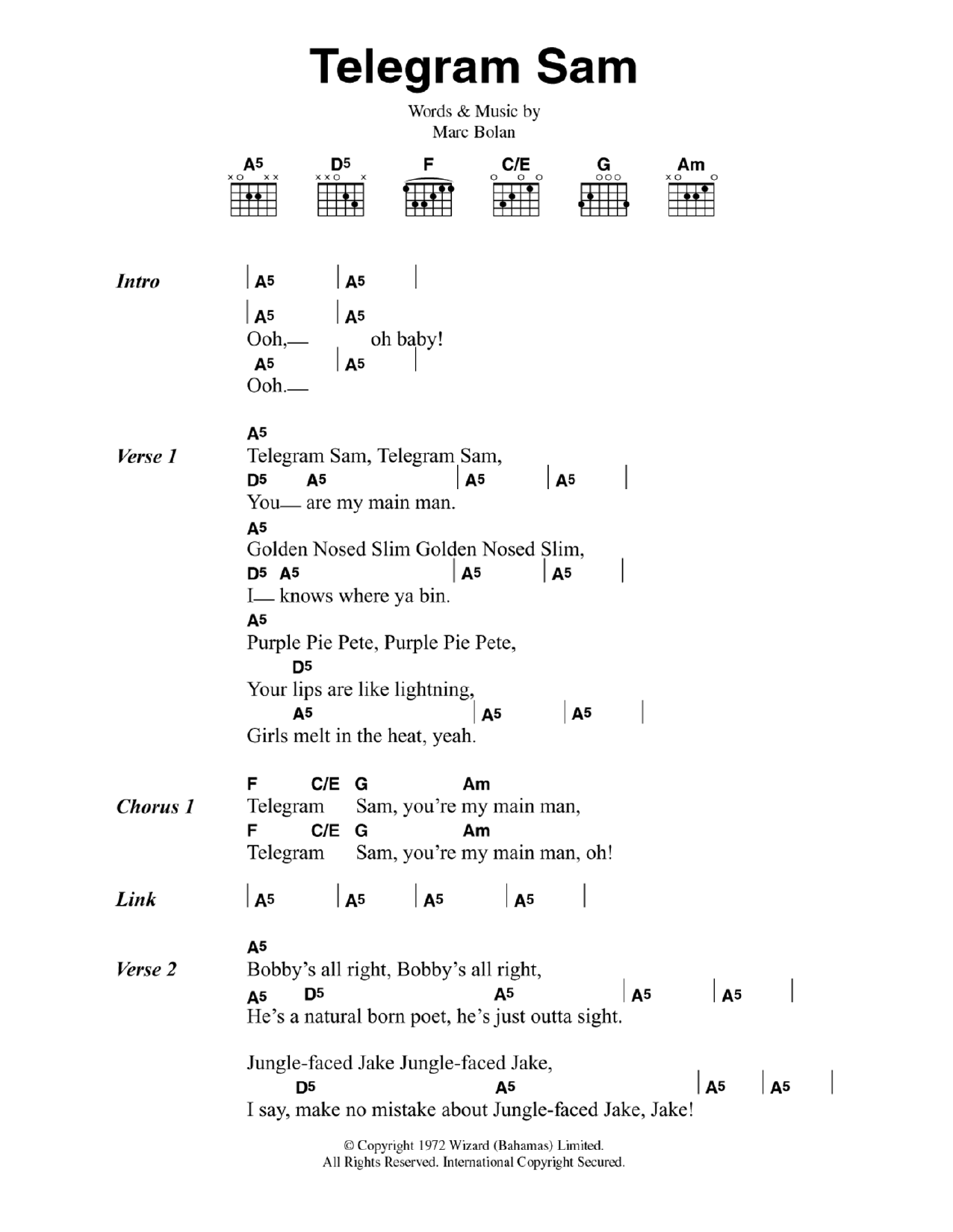 T. Rex Telegram Sam sheet music notes and chords. Download Printable PDF.