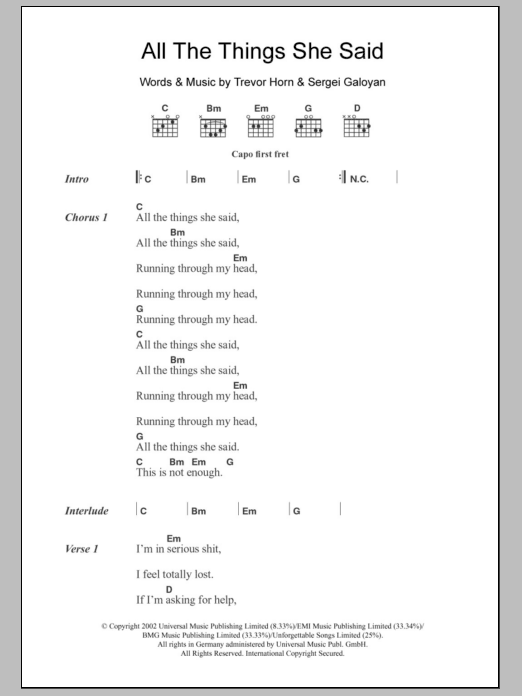 Learn to play t.A.T.u. All The Things She Said sheet music for Keyboard (Abridged) in minutes. t.A.T.u. All The Things She Said sheet music notes and chords. Download Printable PDF.