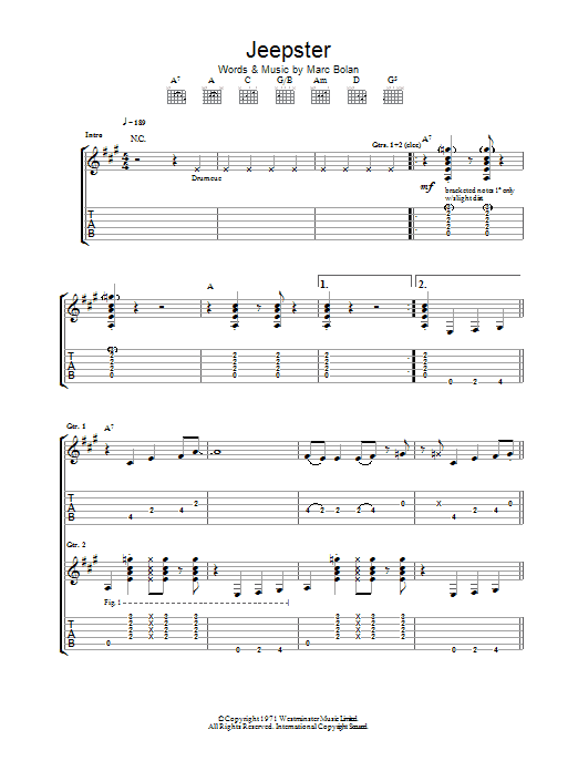 Learn to play T. Rex Jeepster sheet music for Guitar Tab in minutes. Price: 7.8900$ T. Rex Jeepster sheet music notes and chords. Download Printable PDF.