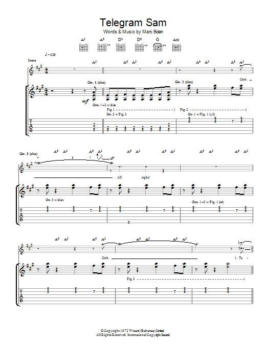 T. Rex Telegram Sam sheet music notes and chords. Download Printable PDF.