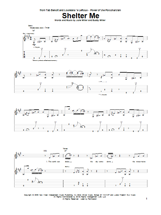 Tab Benoit Shelter Me sheet music notes and chords. Download Printable PDF.