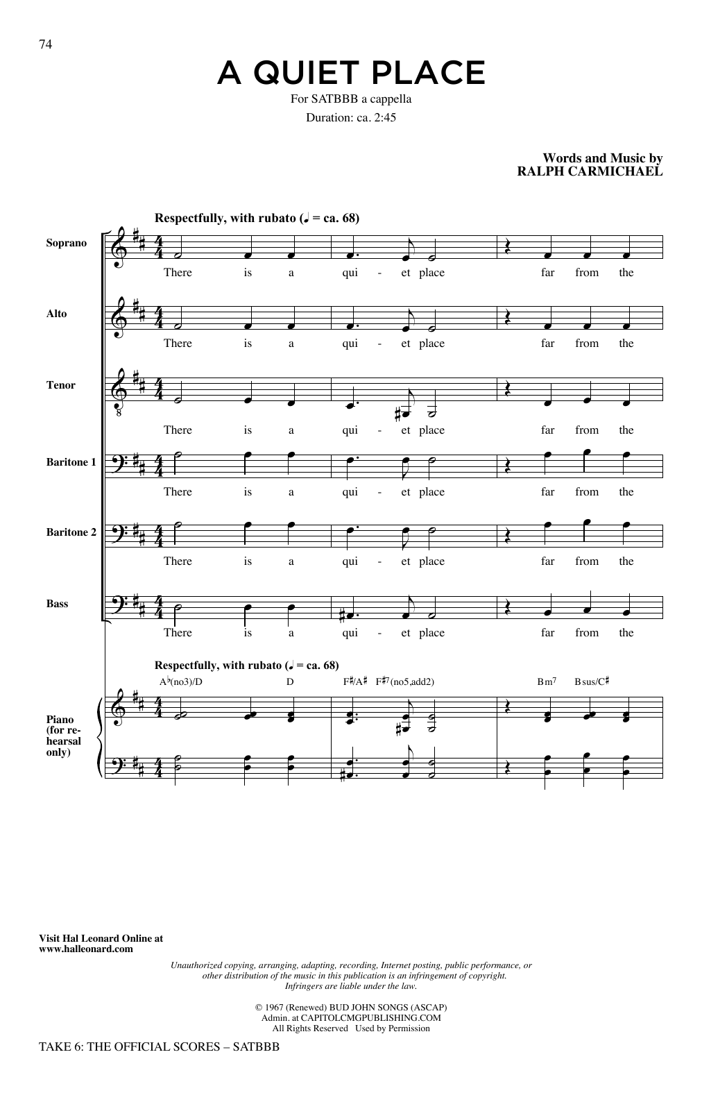 Take 6 A Quiet Place sheet music notes and chords. Download Printable PDF.