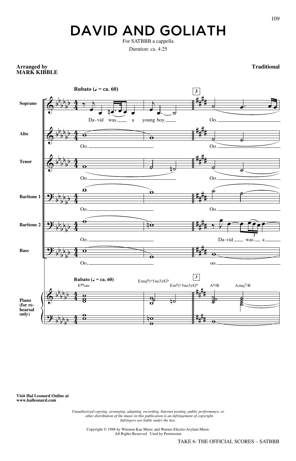 Take 6 David And Goliath sheet music notes and chords. Download Printable PDF.