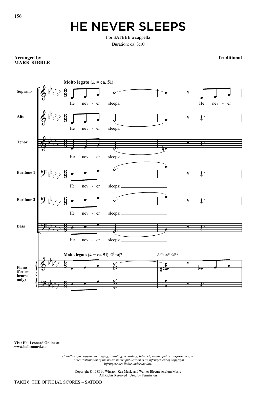 Take 6 He Never Sleeps sheet music notes and chords. Download Printable PDF.