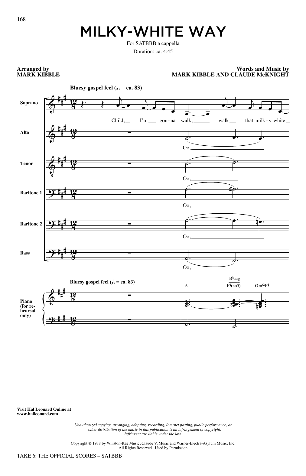 Take 6 Milky White Way sheet music notes and chords. Download Printable PDF.