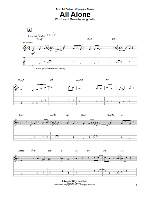 Tal Farlow All Alone sheet music notes and chords. Download Printable PDF.