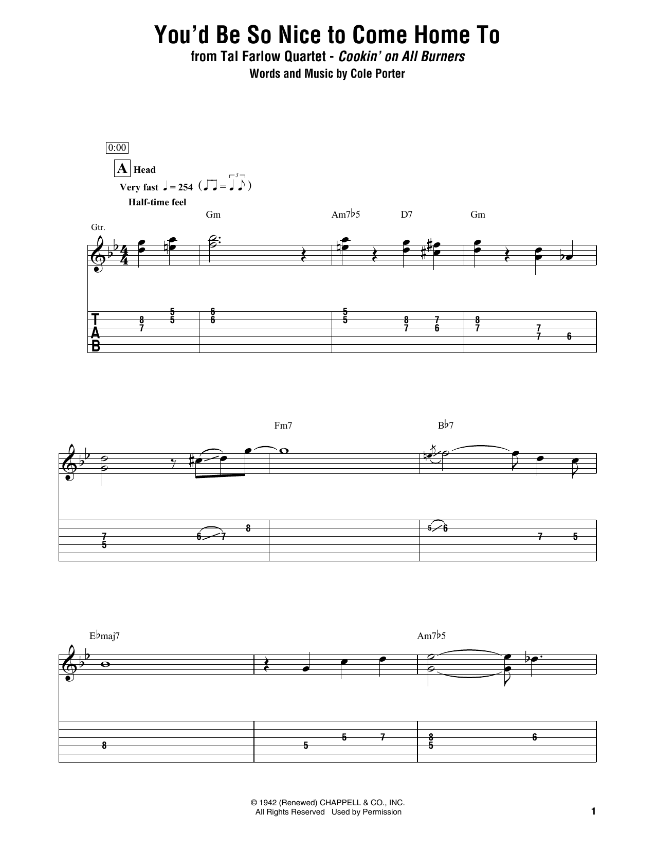 Tal Farlow Quartet You D Be So Nice To Come Home To Sheet Music Pdf Notes Chords Standards Score Electric Guitar Transcription Download Printable Sku