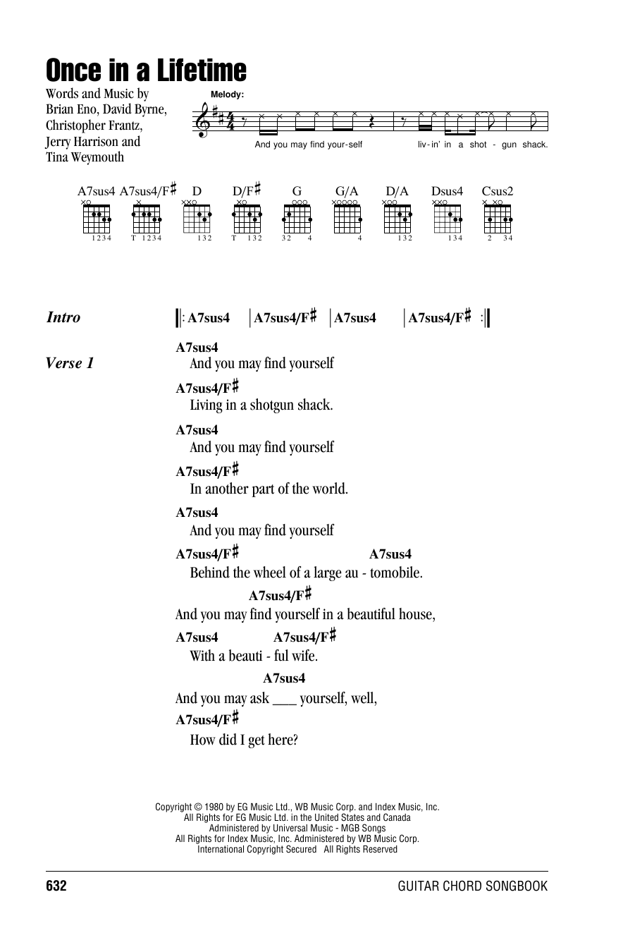 Learn to play Talking Heads Once In A Lifetime sheet music for Lead Sheet / Fake Book in minutes. Talking Heads Once In A Lifetime sheet music notes and chords. Download Printable PDF.