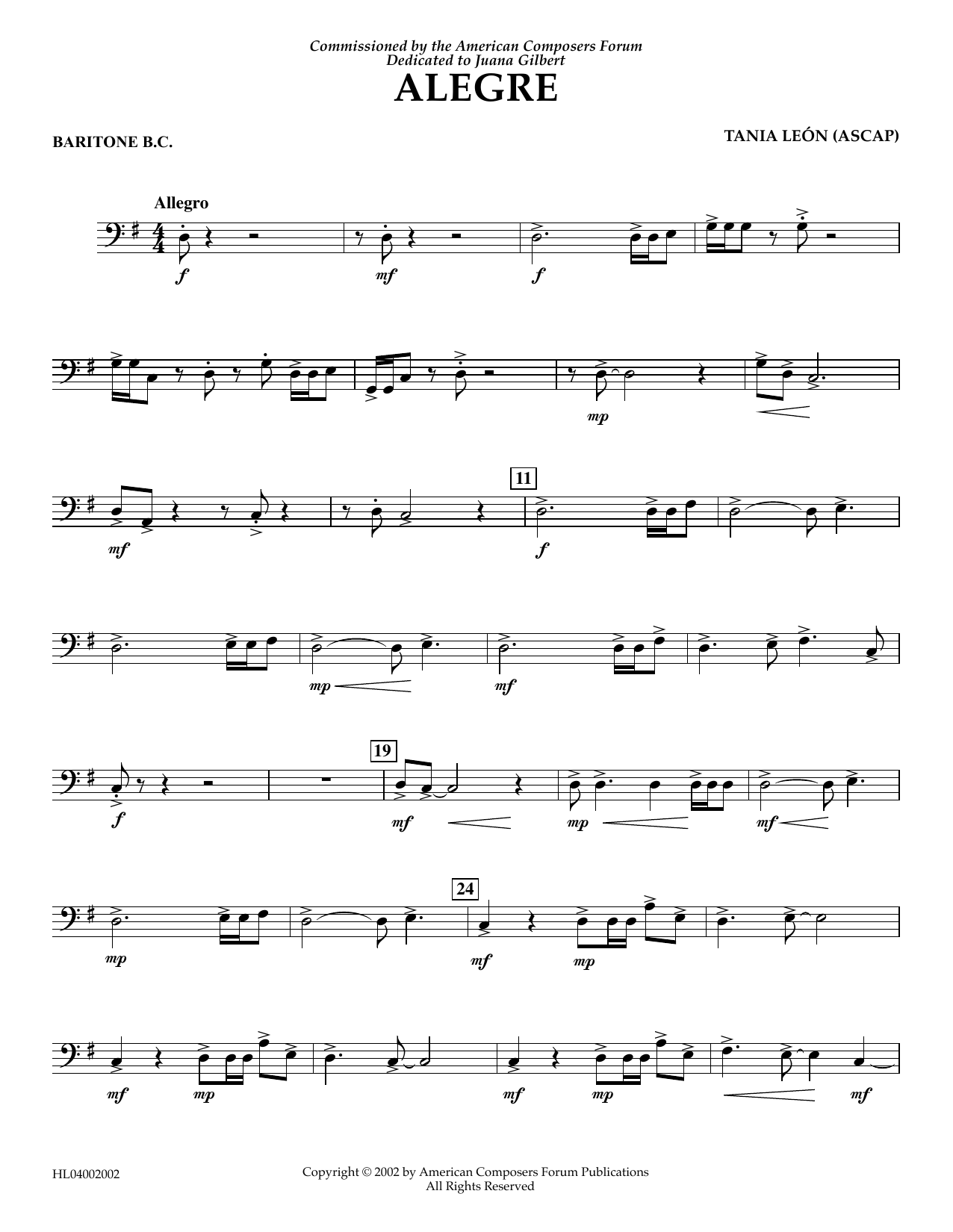 Learn to play Tania Leon Alegre - Baritone B.C. sheet music for Concert Band in minutes. Price: 5.9900$ Tania Leon Alegre - Baritone B.C. sheet music notes and chords arranged for Concert Band