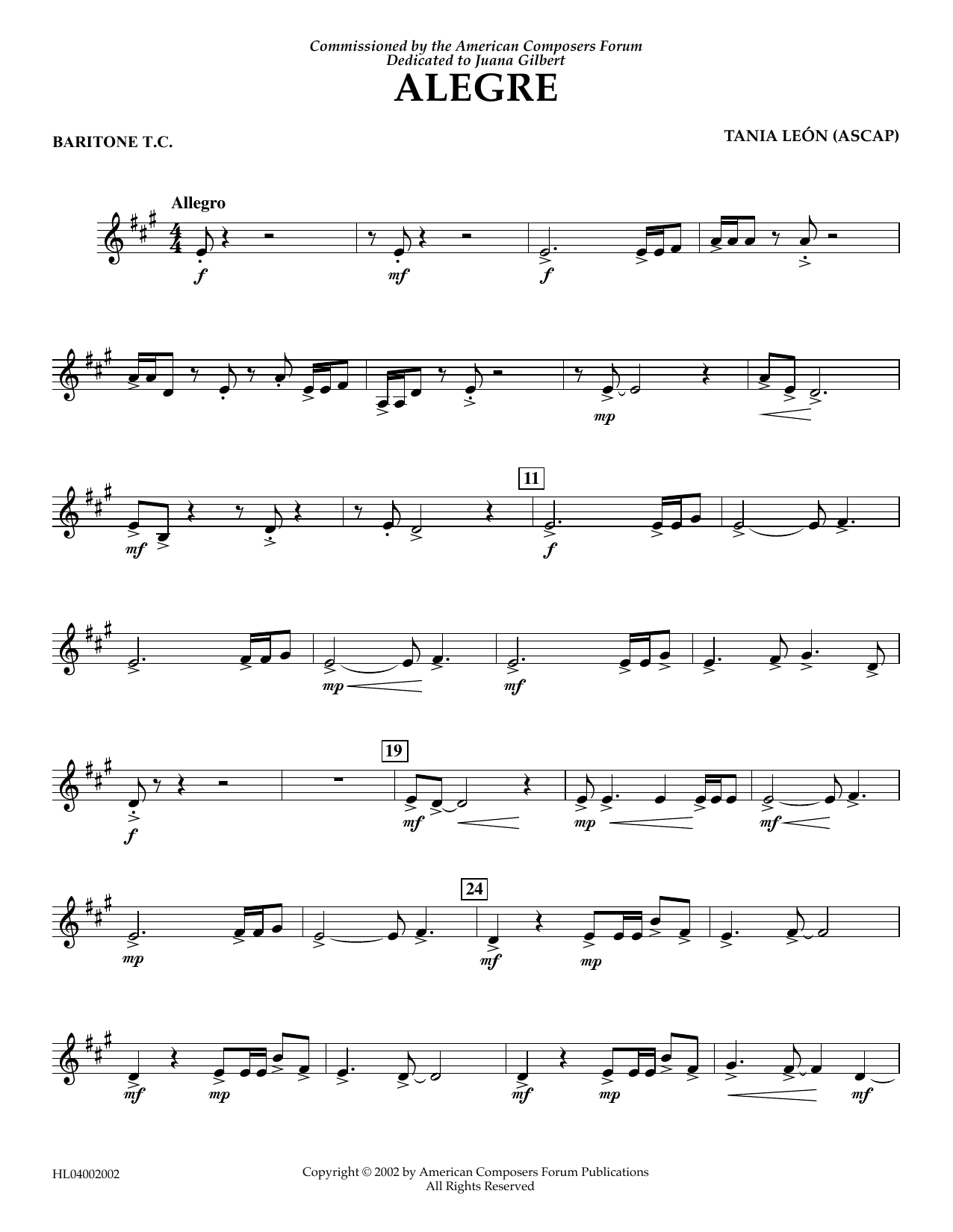 Learn to play Tania Leon Alegre - Baritone T.C. sheet music for Concert Band in minutes. Price: 5.9900$ Tania Leon Alegre - Baritone T.C. sheet music notes and chords arranged for Concert Band