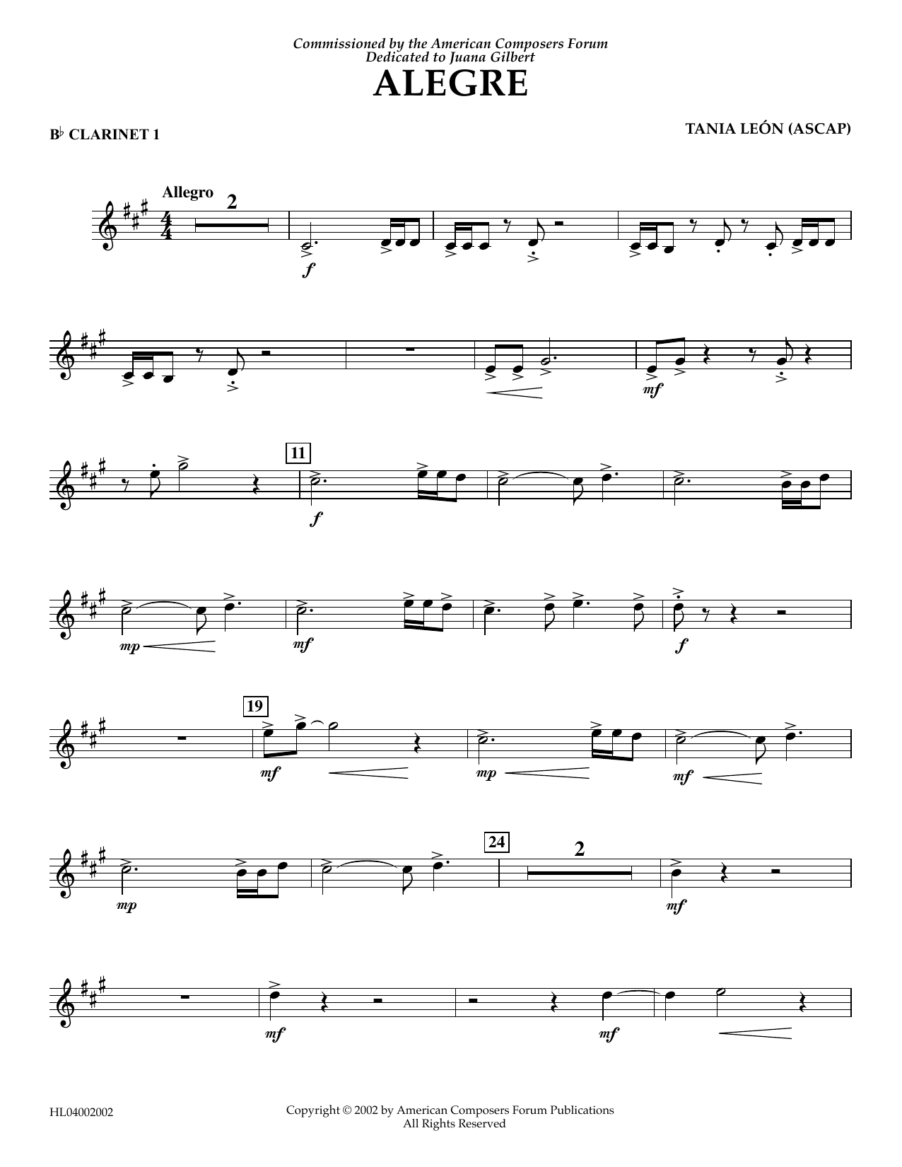 Learn to play Tania Leon Alegre - Bb Clarinet 1 sheet music for Concert Band in minutes. Price: 5.9900$ Tania Leon Alegre - Bb Clarinet 1 sheet music notes and chords arranged for Concert Band