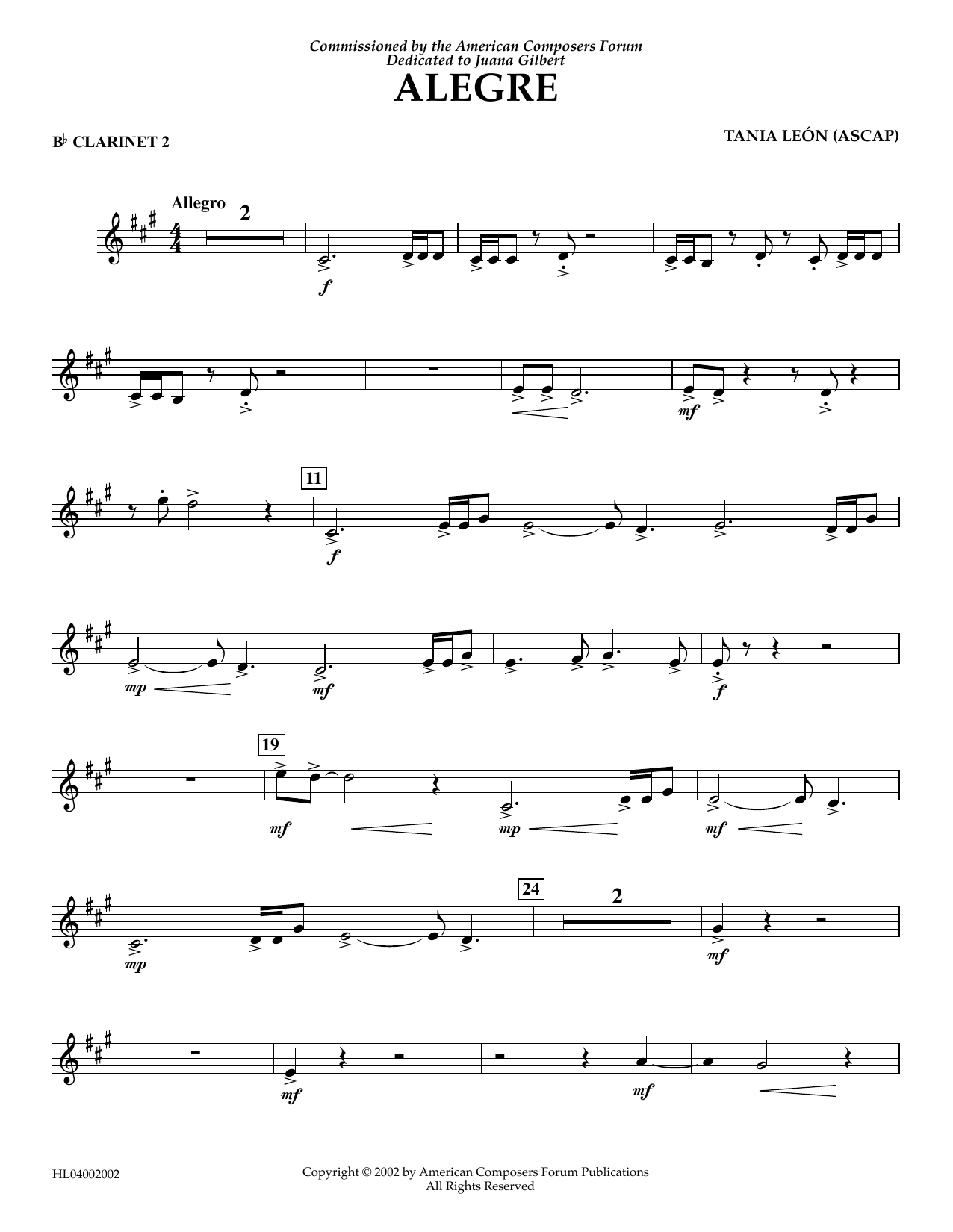 Learn to play Tania Leon Alegre - Bb Clarinet 2 sheet music for Concert Band in minutes. Price: 5.9900$ Tania Leon Alegre - Bb Clarinet 2 sheet music notes and chords arranged for Concert Band
