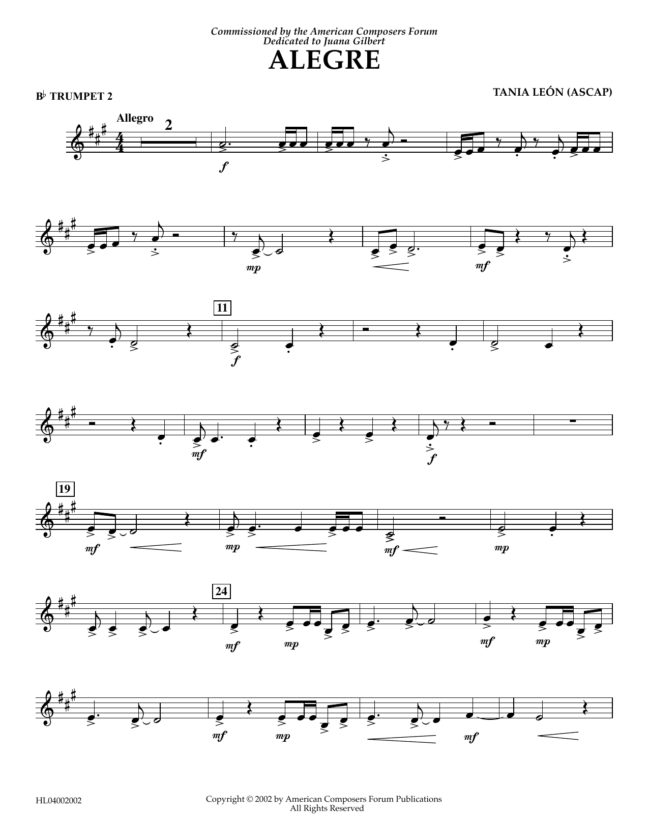 Learn to play Tania Leon Alegre - Bb Trumpet 2 sheet music for Concert Band in minutes. Price: 5.9900$ Tania Leon Alegre - Bb Trumpet 2 sheet music notes and chords arranged for Concert Band