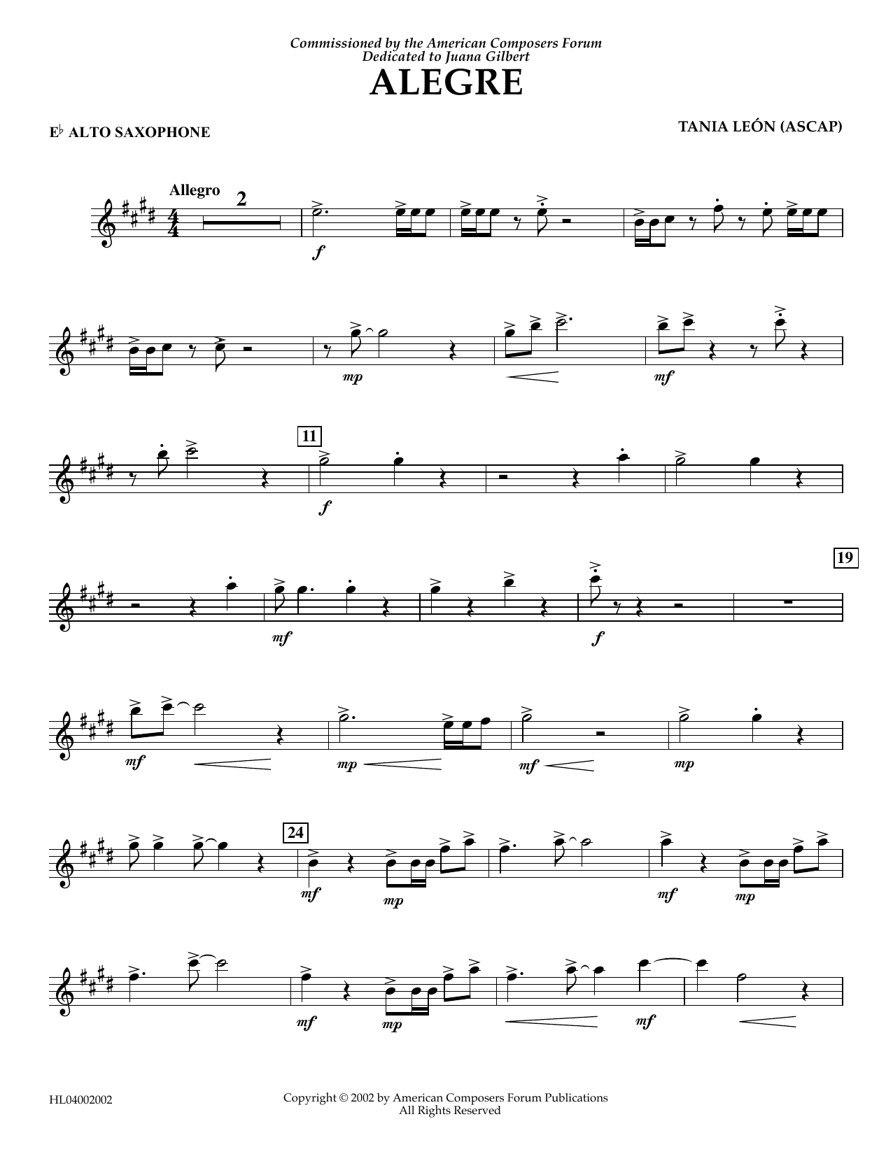 Learn to play Tania Leon Alegre - Eb Alto Saxophone sheet music for Concert Band in minutes. Price: 5.9900$ Tania Leon Alegre - Eb Alto Saxophone sheet music notes and chords arranged for Concert Band