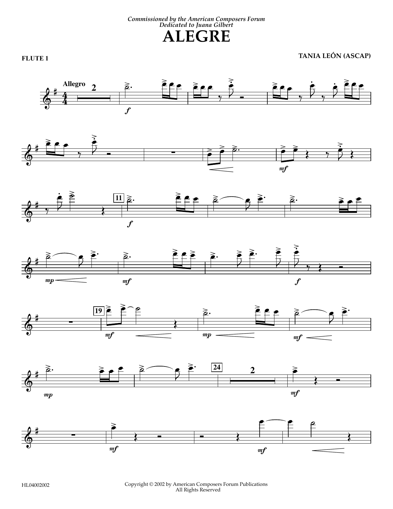Learn to play Tania Leon Alegre - Flute 1 sheet music for Concert Band in minutes. Price: 5.9900$ Tania Leon Alegre - Flute 1 sheet music notes and chords arranged for Concert Band