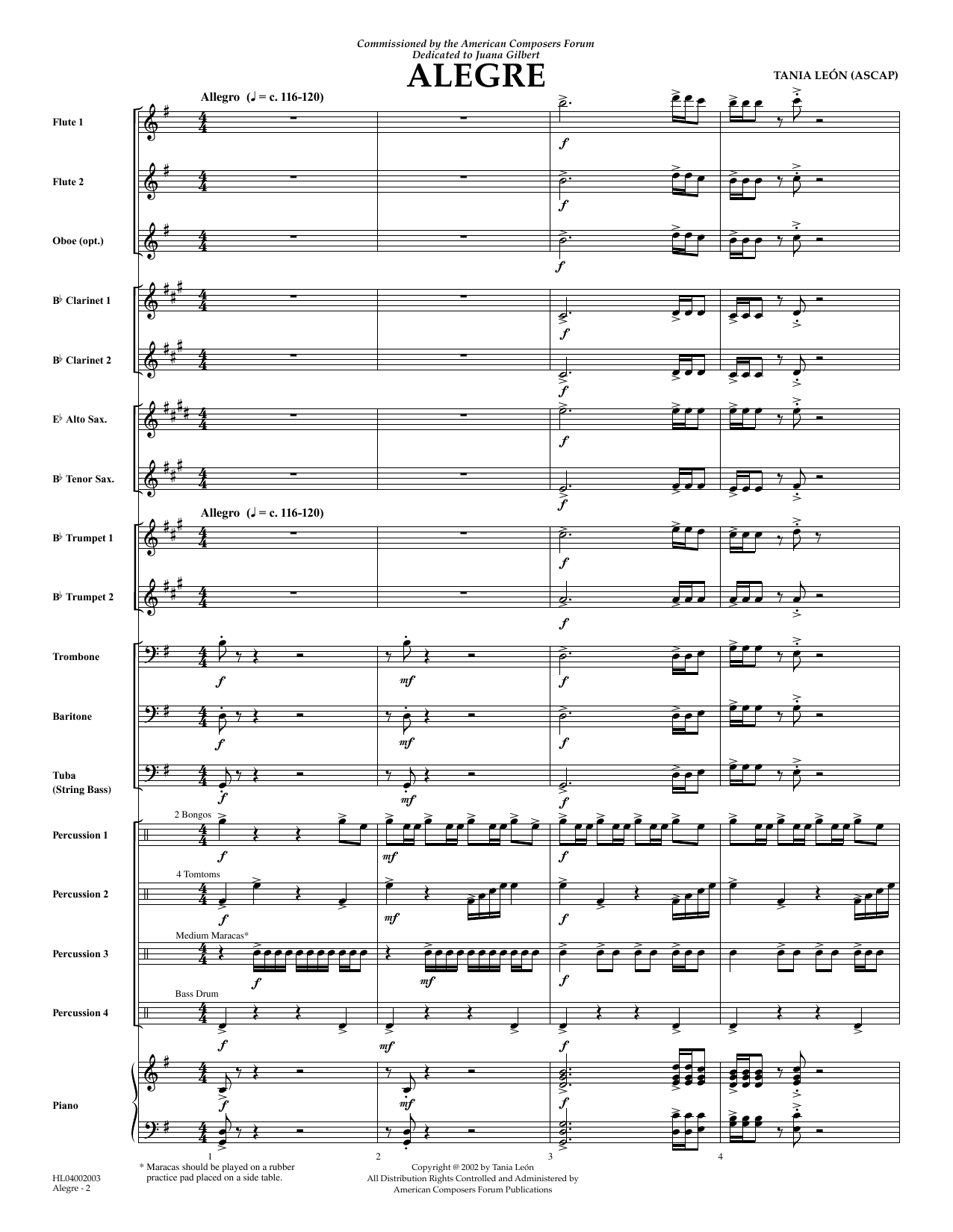 Learn to play Tania Leon Alegre - Full Score sheet music for Concert Band in minutes. Price: 9.9900$ Tania Leon Alegre - Full Score sheet music notes and chords arranged for Concert Band
