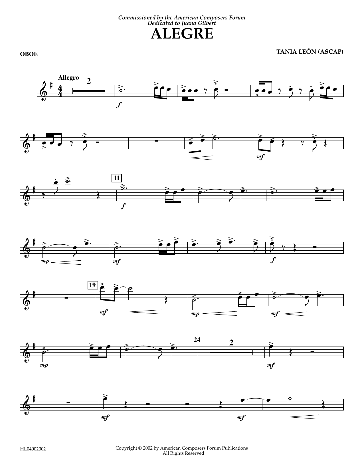 Learn to play Tania Leon Alegre - Oboe (opt.) sheet music for Concert Band in minutes. Price: 5.9900$ Tania Leon Alegre - Oboe (opt.) sheet music notes and chords arranged for Concert Band