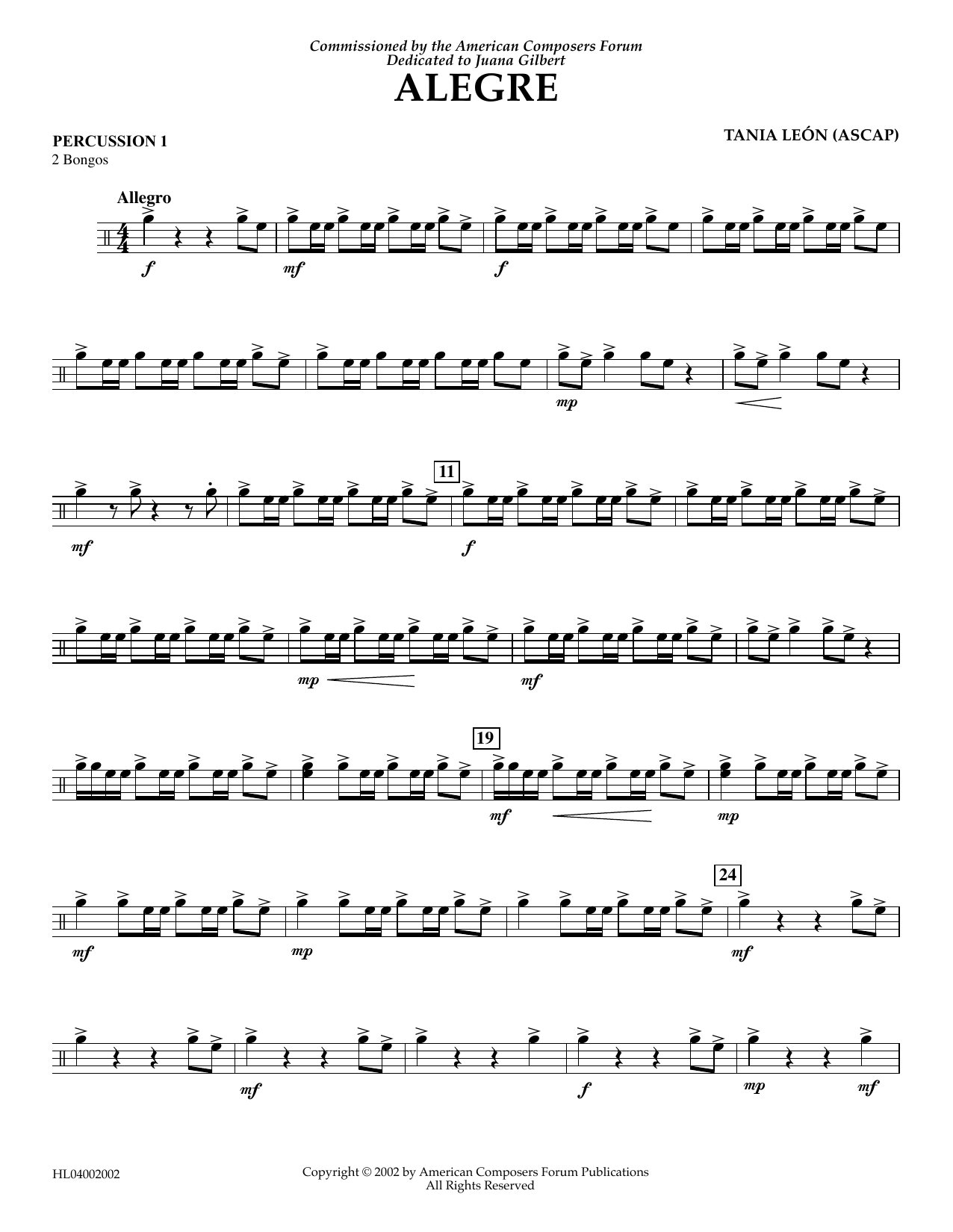 Learn to play Tania Leon Alegre - Percussion 1 sheet music for Concert Band in minutes. Price: 5.9900$ Tania Leon Alegre - Percussion 1 sheet music notes and chords arranged for Concert Band