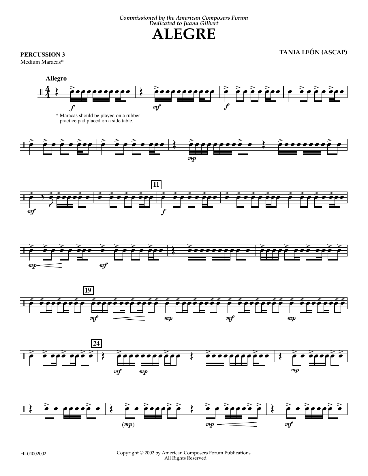 Learn to play Tania Leon Alegre - Percussion 3 sheet music for Concert Band in minutes. Price: 5.9900$ Tania Leon Alegre - Percussion 3 sheet music notes and chords arranged for Concert Band