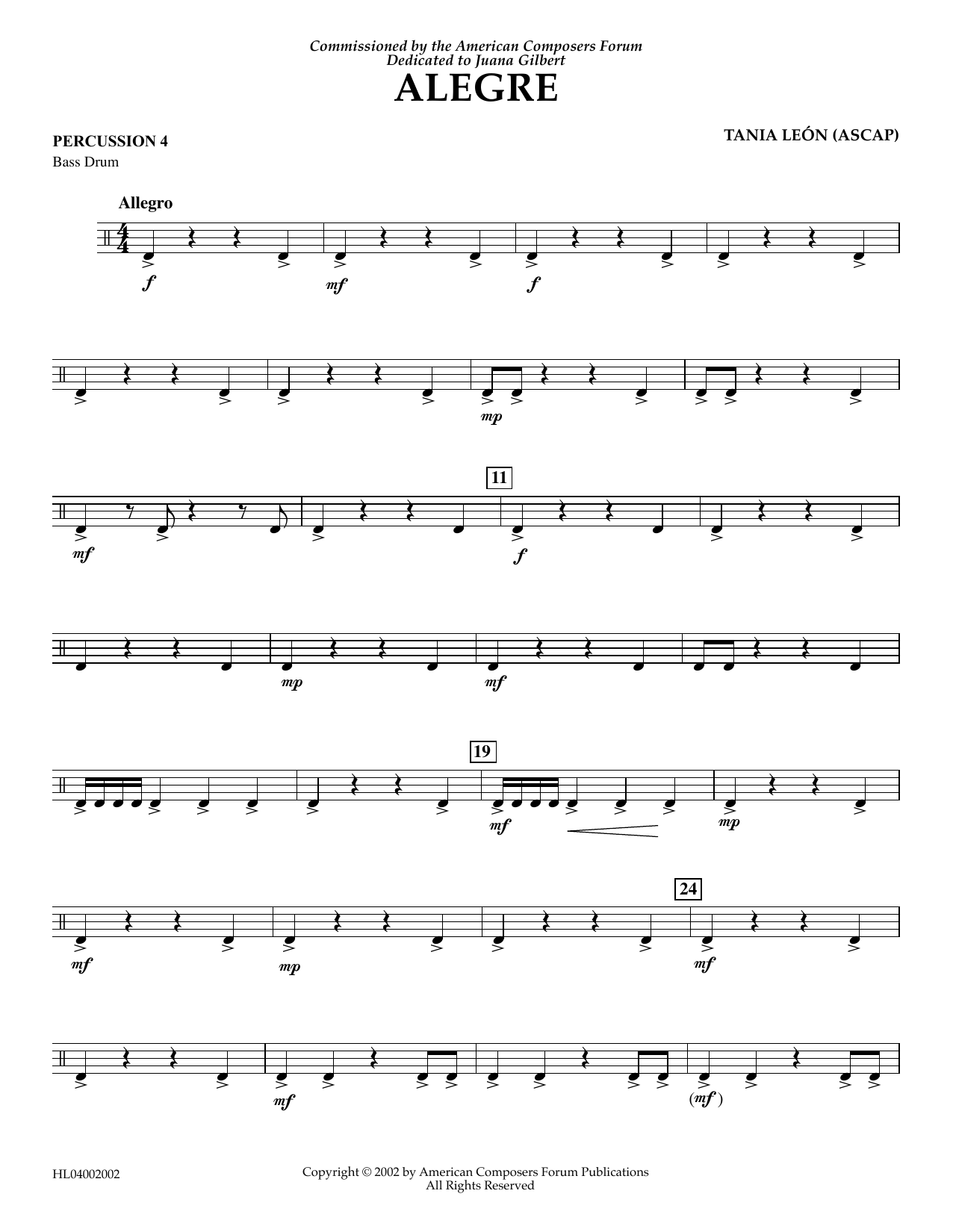 Learn to play Tania Leon Alegre - Percussion 4 sheet music for Concert Band in minutes. Price: 5.9900$ Tania Leon Alegre - Percussion 4 sheet music notes and chords arranged for Concert Band