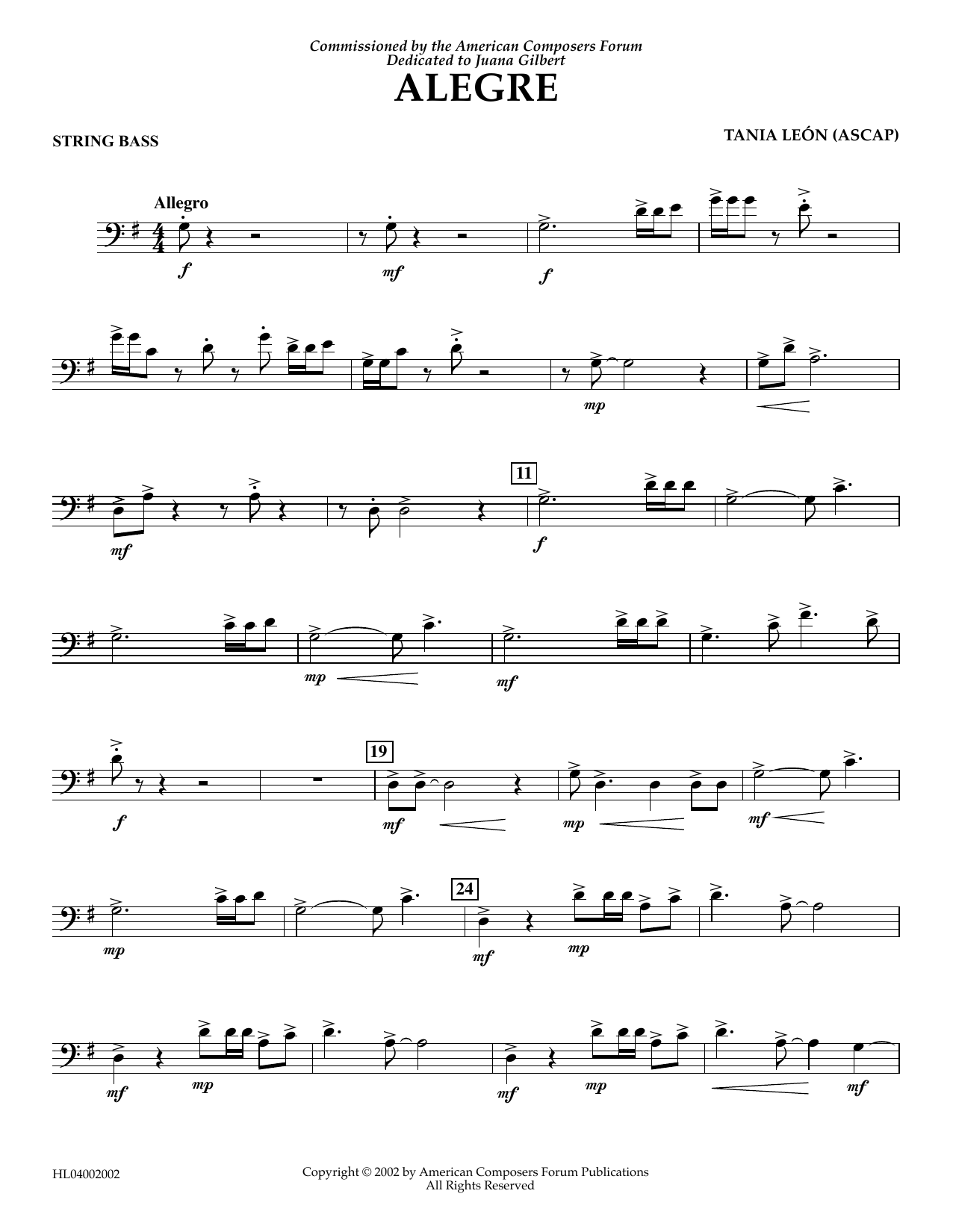 Learn to play Tania Leon Alegre - String Bass sheet music for Concert Band in minutes. Price: 5.9900$ Tania Leon Alegre - String Bass sheet music notes and chords arranged for Concert Band